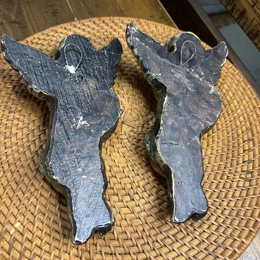 Vintage Chalkware Angel/Cherub Pair Wall Hanging Winged Gold Christmas Decor